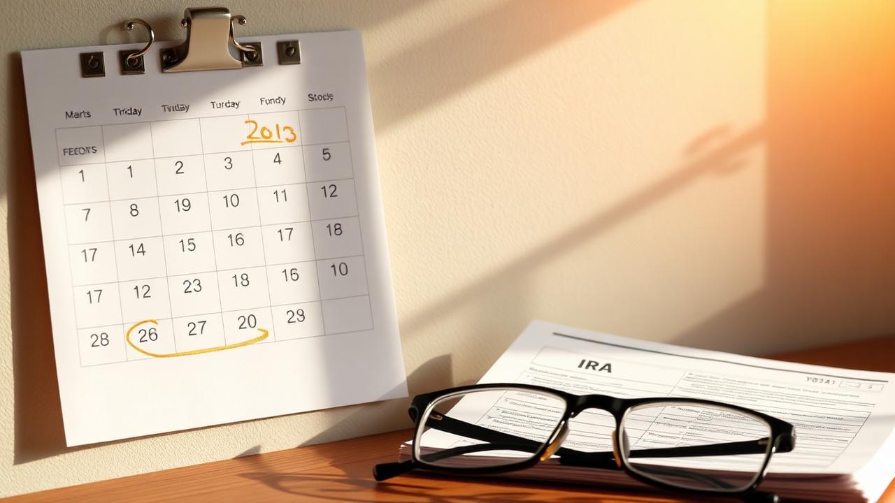 A wall calendar with a date circled in gold ink beside an IRA statement and reading glasses
