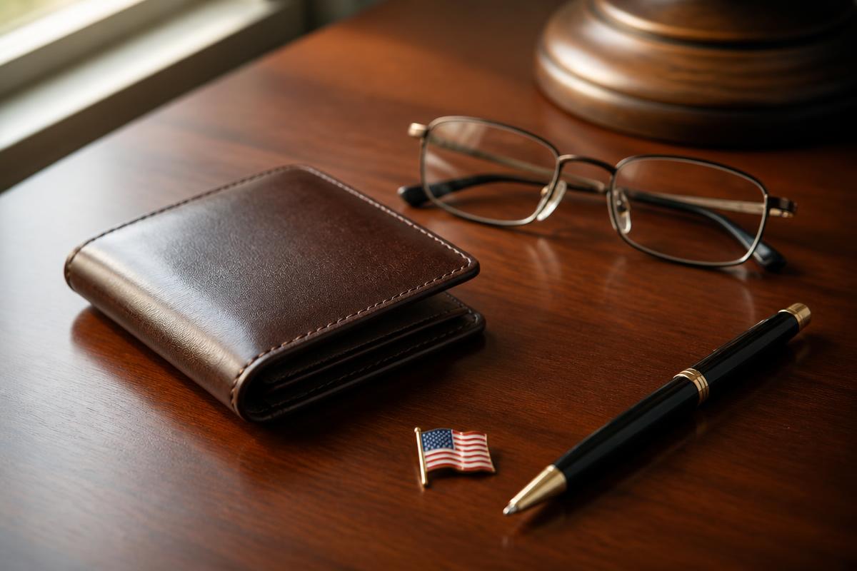 Social Security card resting in a leather portfolio beside a pen and reading glasses