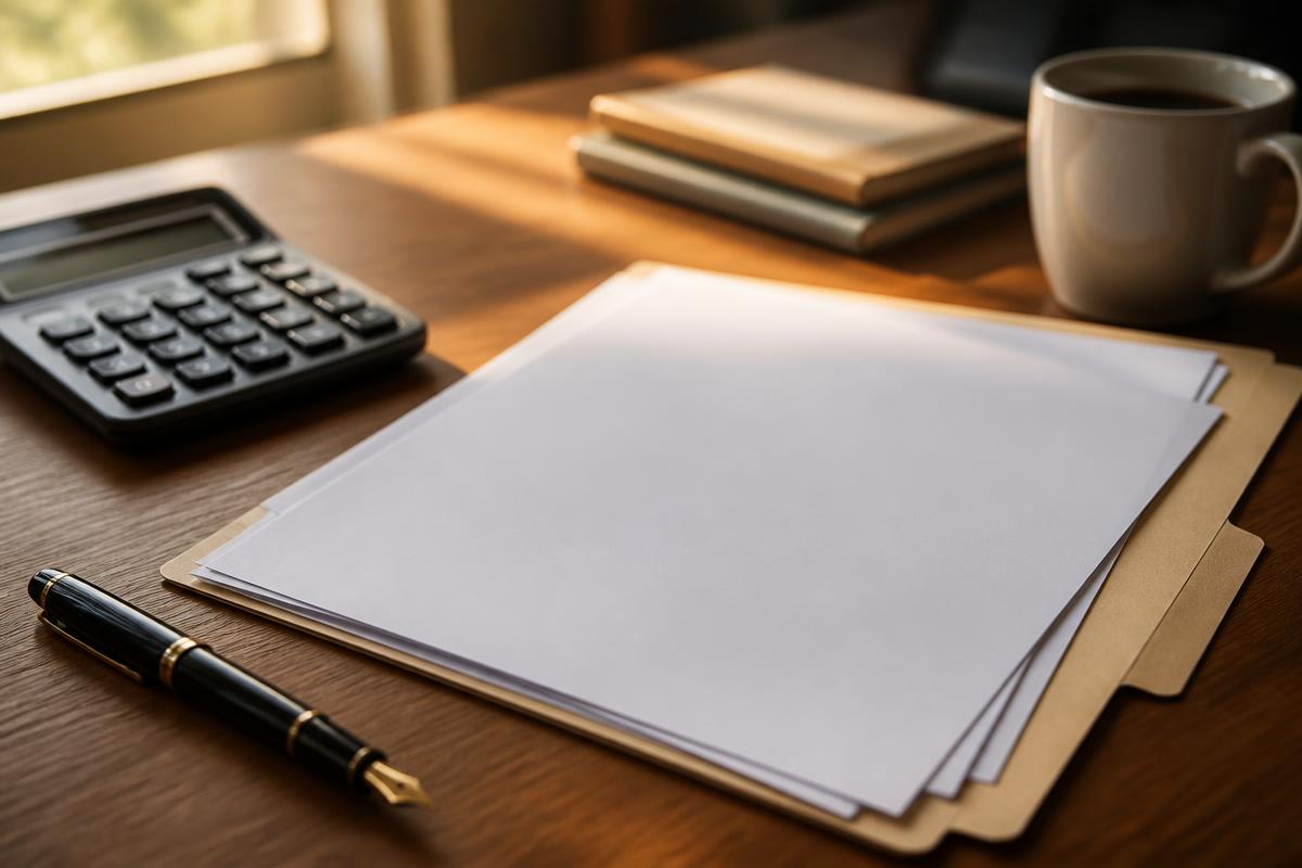 Tax return, fountain pen, calculator, and coffee cup on a warmly lit wooden desk