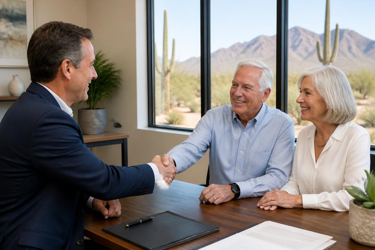 Joe Donti shaking hands with a retired Scottsdale couple during a by-appointment retirement planning consultation, with the Sonoran Desert visible through the office window