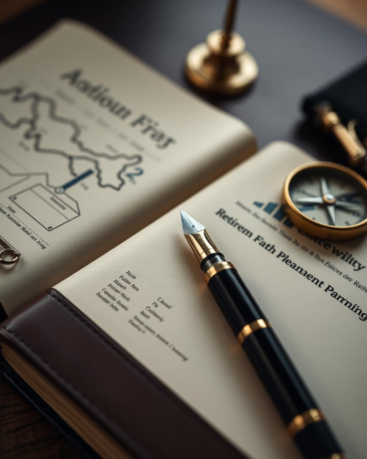Retirement plan portfolio with fountain pen and brass compass