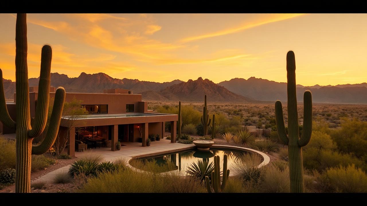 Luxury Scottsdale desert home at golden hour framed by saguaro cacti and the McDowell Mountains
