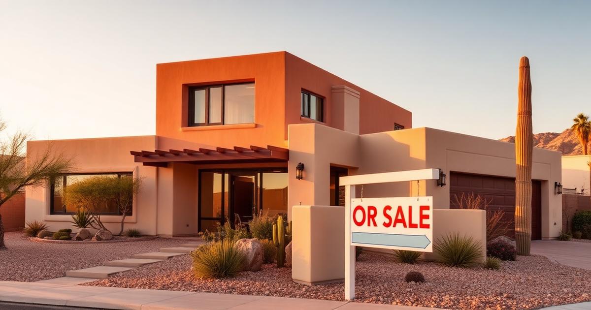 Scottsdale home exterior with desert landscaping at golden hour