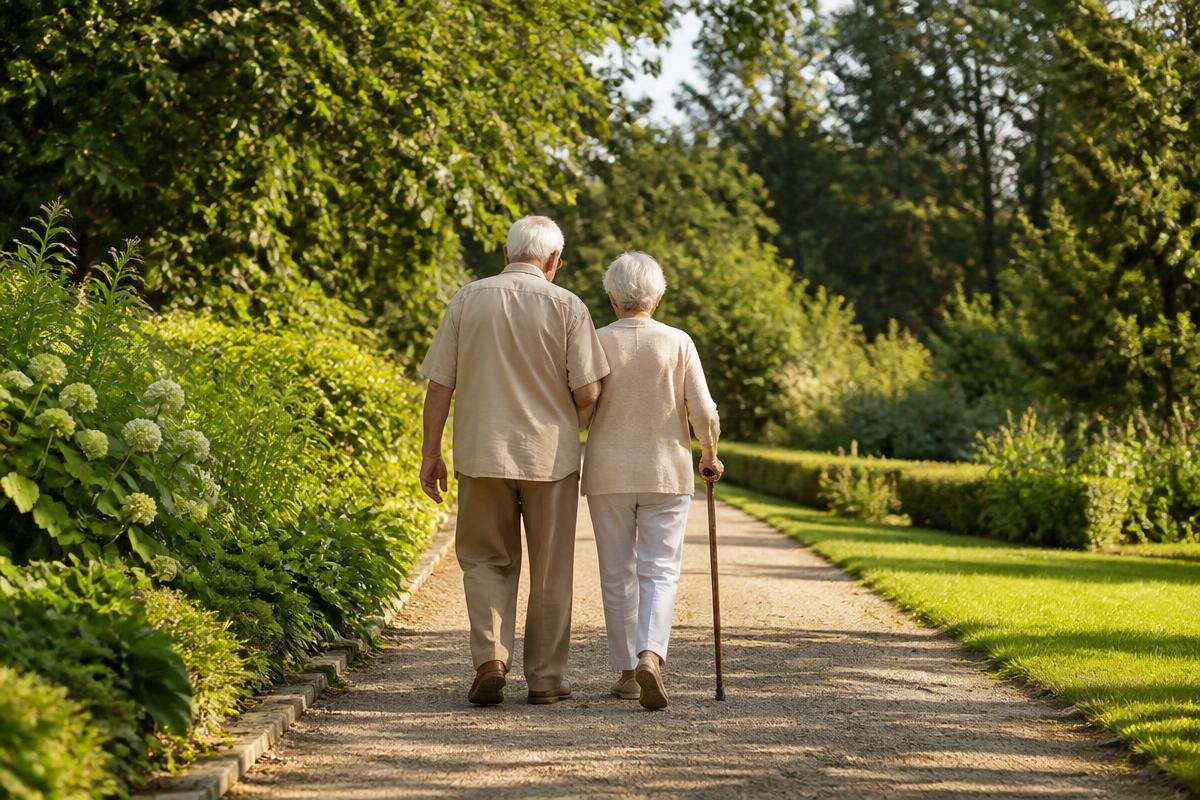 Older couple's hands resting on a table with a planning notebook nearby