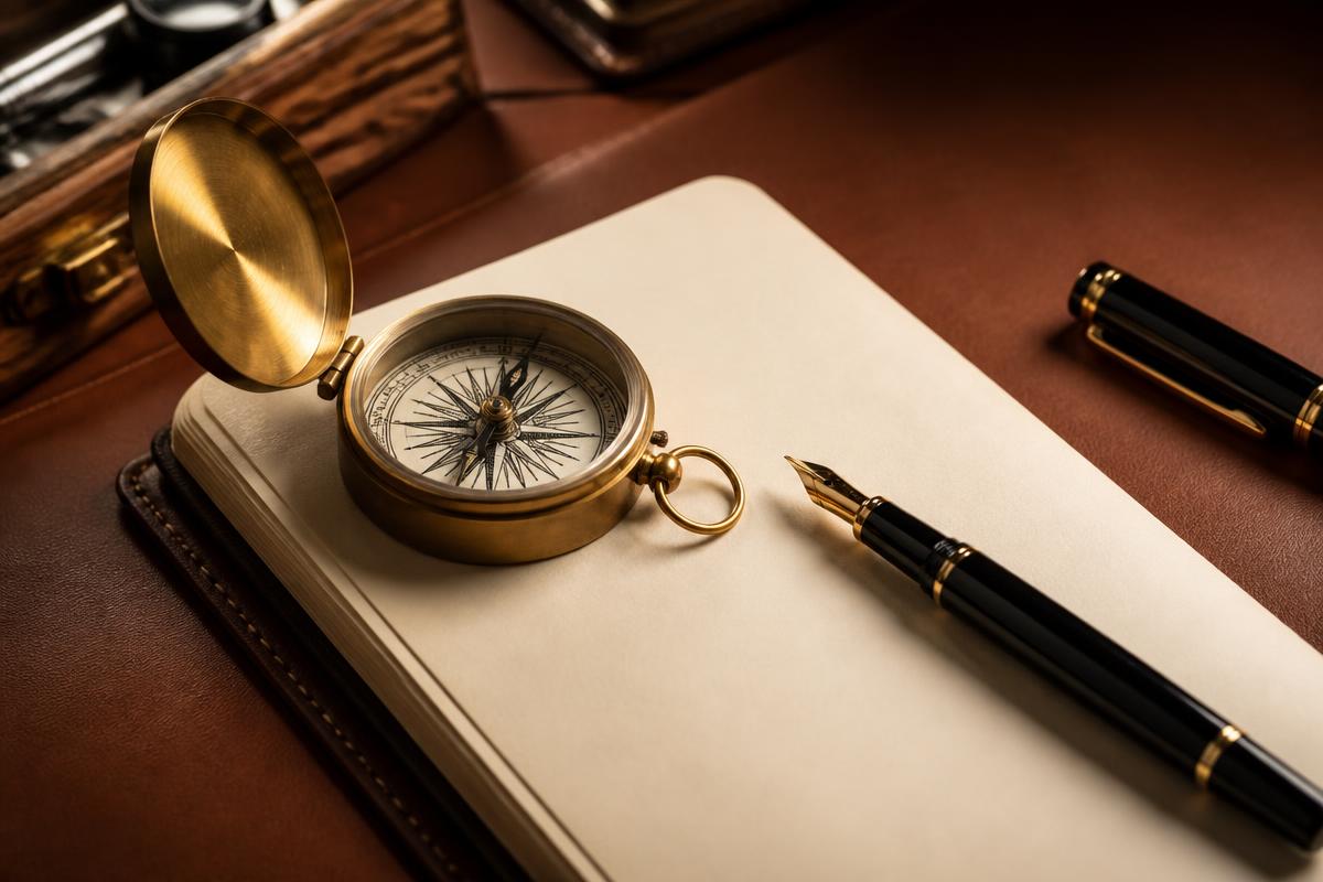 Retirement plan portfolio with fountain pen and brass compass