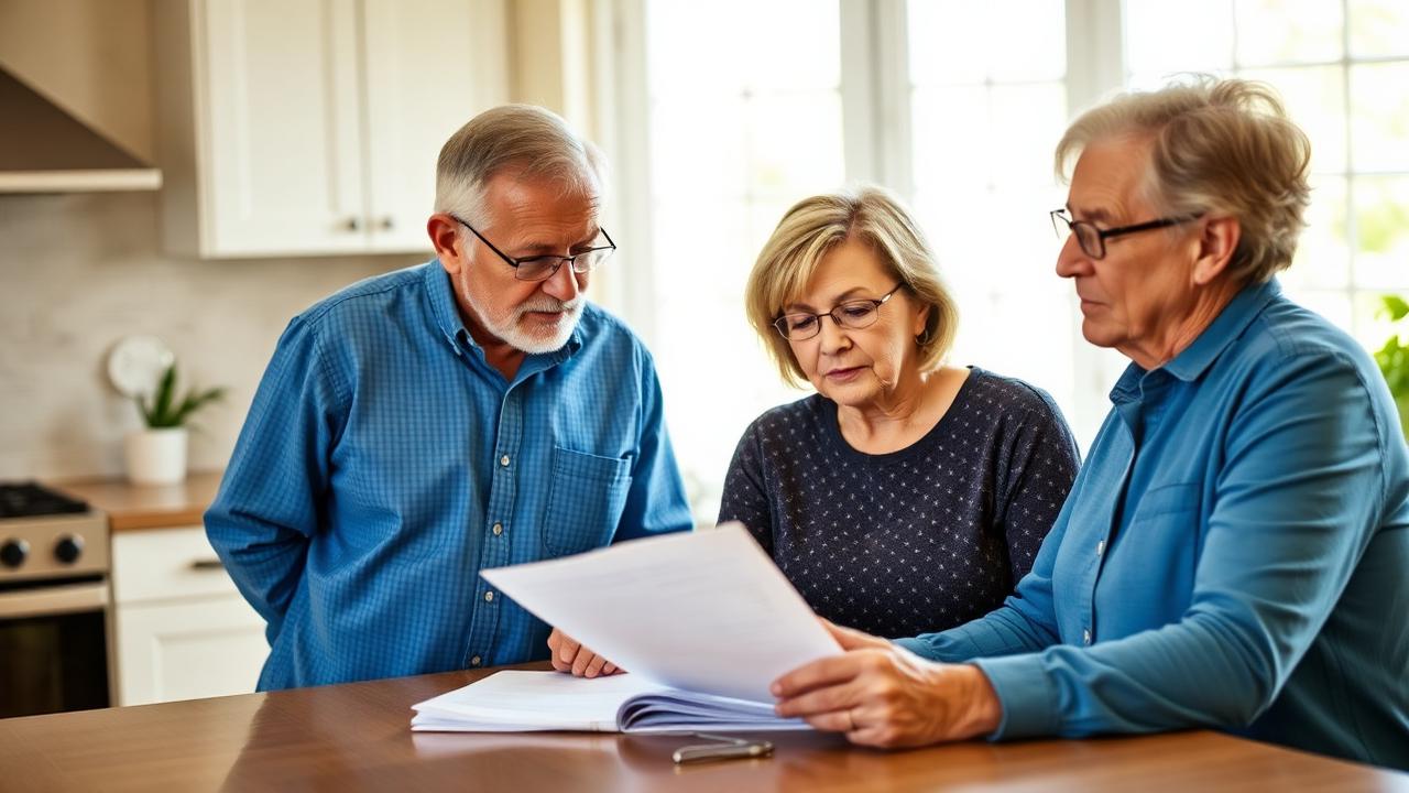 A mature couple reviewing Medicare enrollment paperwork at a sunlit kitchen table with an advisor