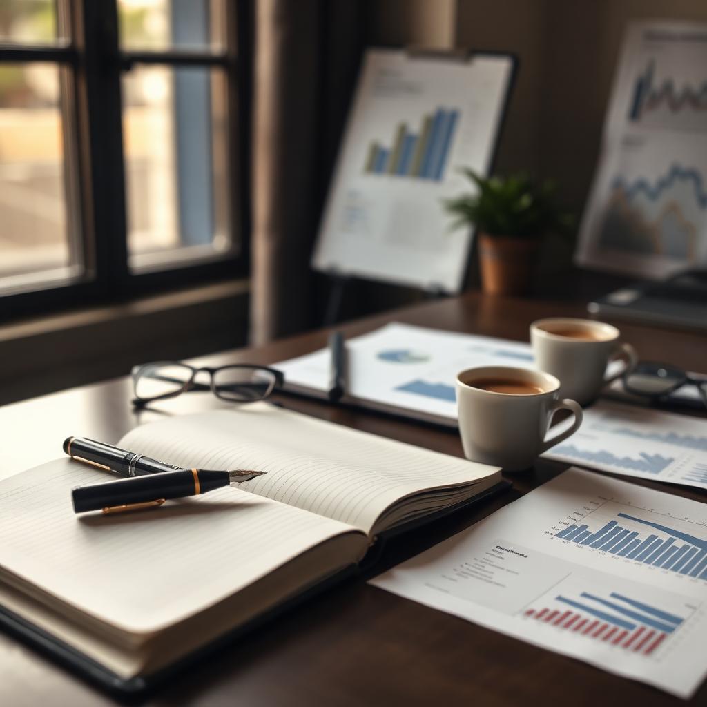 Financial advisor's desk featuring an open planning notebook, fountain pen, reading glasses, coffee, and printed retirement income and tax charts lit by natural window light