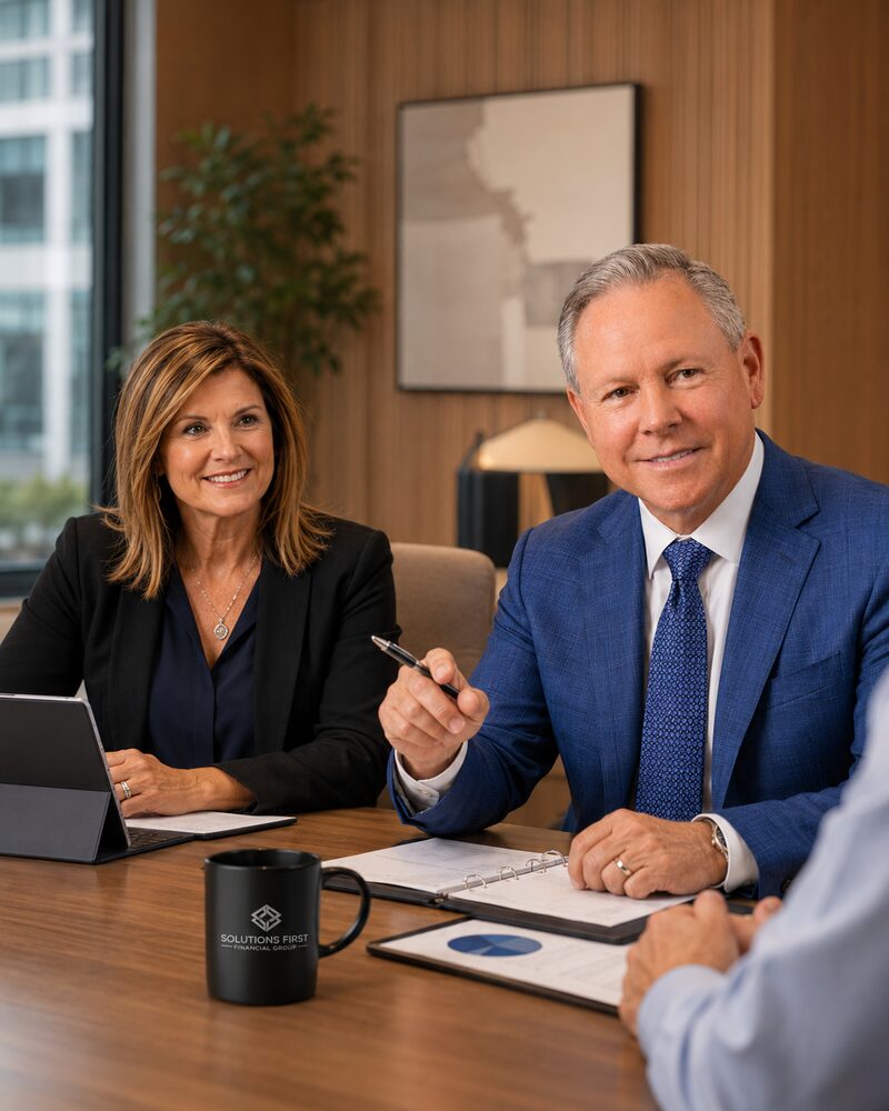 Joe and Patty Donti of Solutions First Financial Group standing together at their Scottsdale, Arizona office