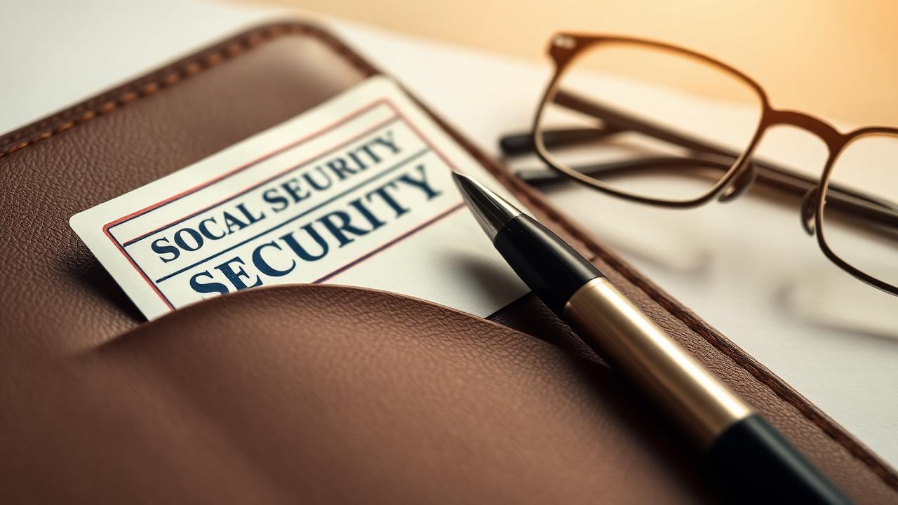 Social Security card resting in a leather portfolio beside a pen and reading glasses