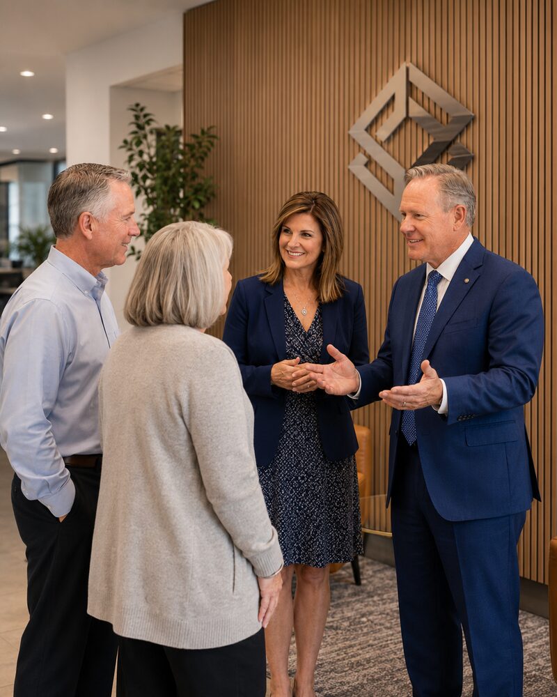 Solutions First advisors greeting a Scottsdale couple in the office lobby