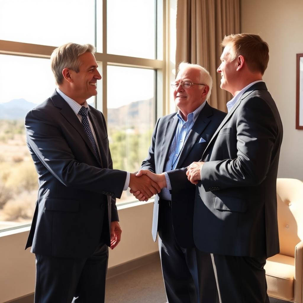 Joe Donti shaking hands with a retired Scottsdale couple during a by-appointment retirement planning consultation, with the Sonoran Desert visible through the office window