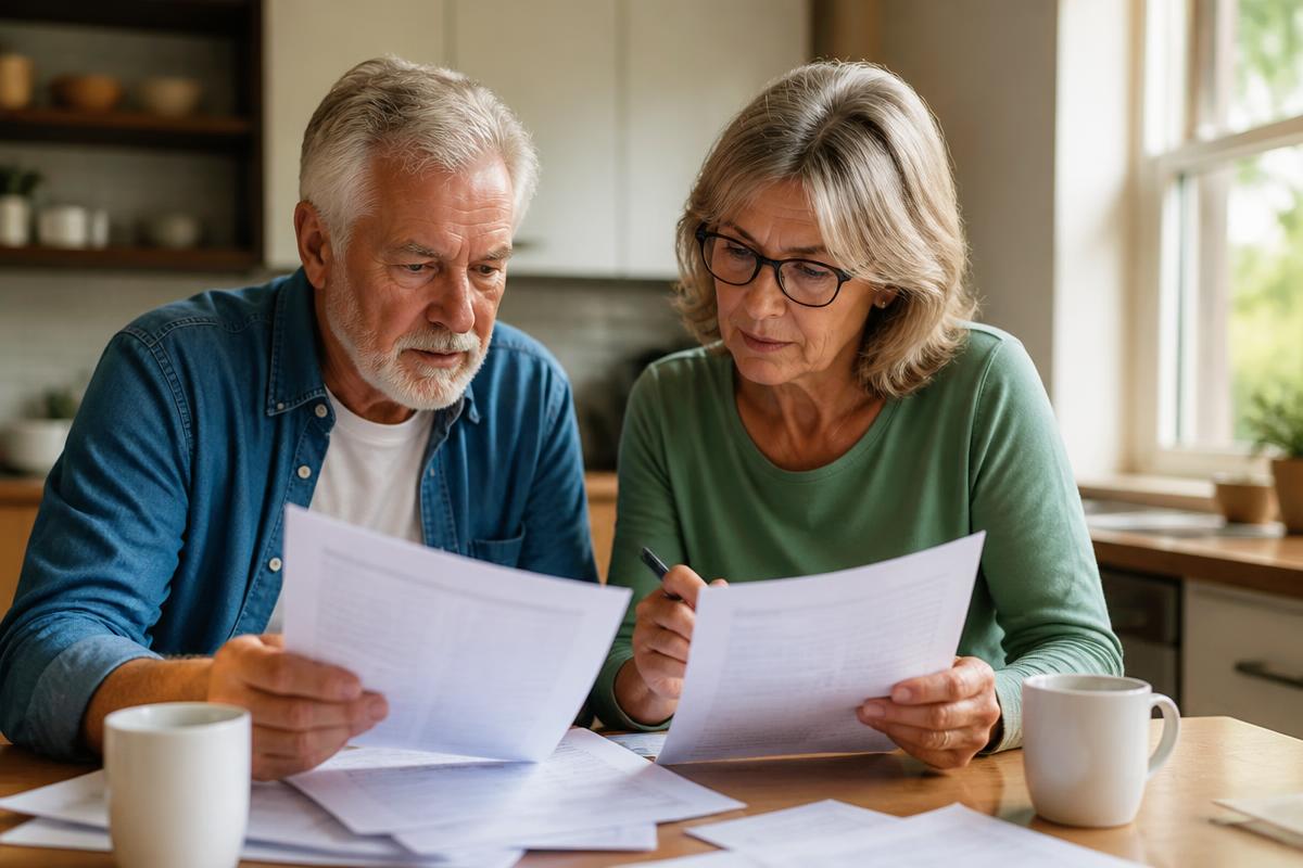 A mature couple reviewing Medicare enrollment paperwork at a sunlit kitchen table with an advisor