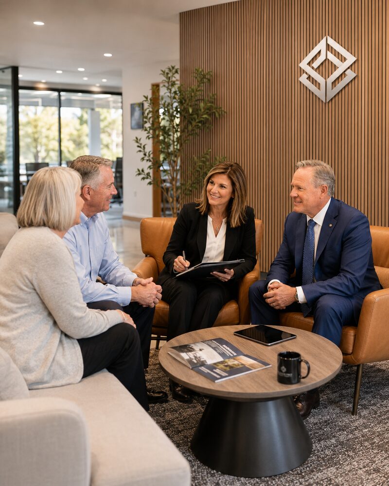 Joe and Patty Donti meeting with a Scottsdale, Arizona couple in the Solutions First Financial Group office lounge