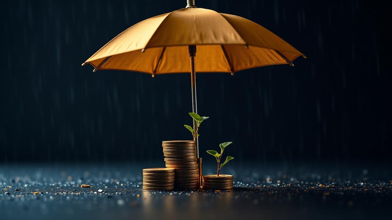 A gold umbrella sheltering stacks of coins and a small growing plant from rainfall on a dark background