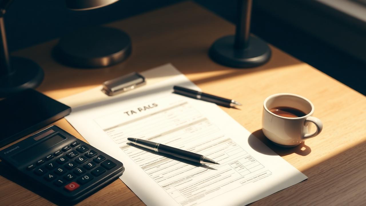 Tax return, fountain pen, calculator, and coffee cup on a warmly lit wooden desk