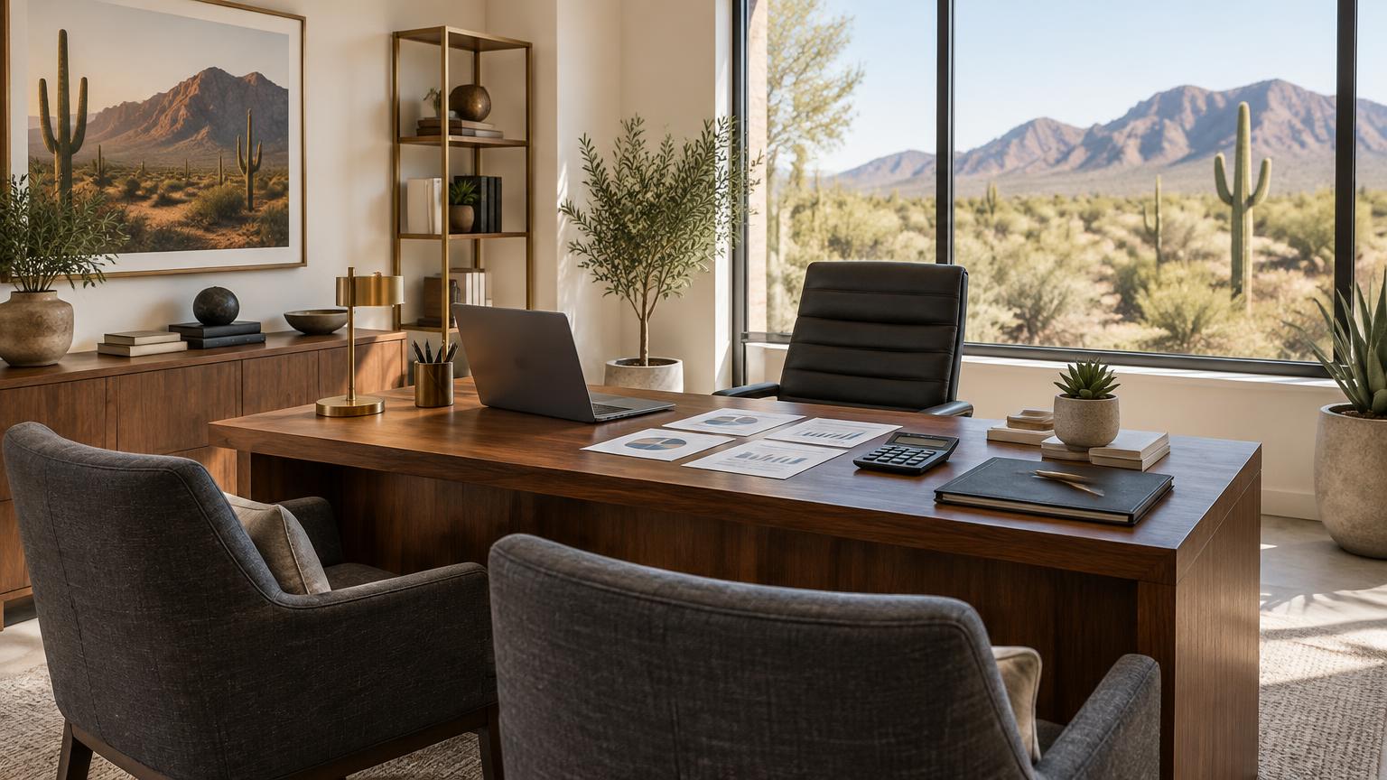 Illustrative Arizona-inspired financial planning office with a consultation desk, client chairs, and retirement planning materials