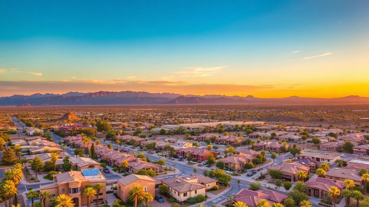 Aerial view of an Arizona retirement community at sunset with palm trees and desert mountains