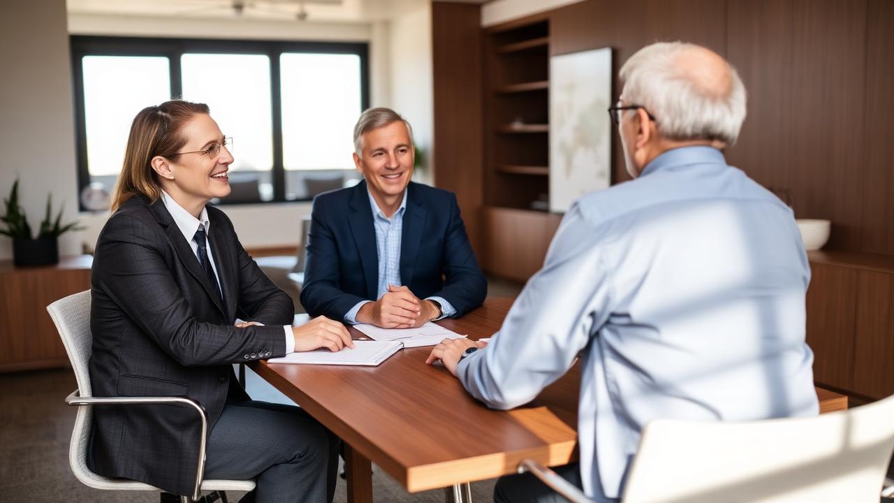 Financial advisor meeting with a retired couple in a modern Scottsdale office