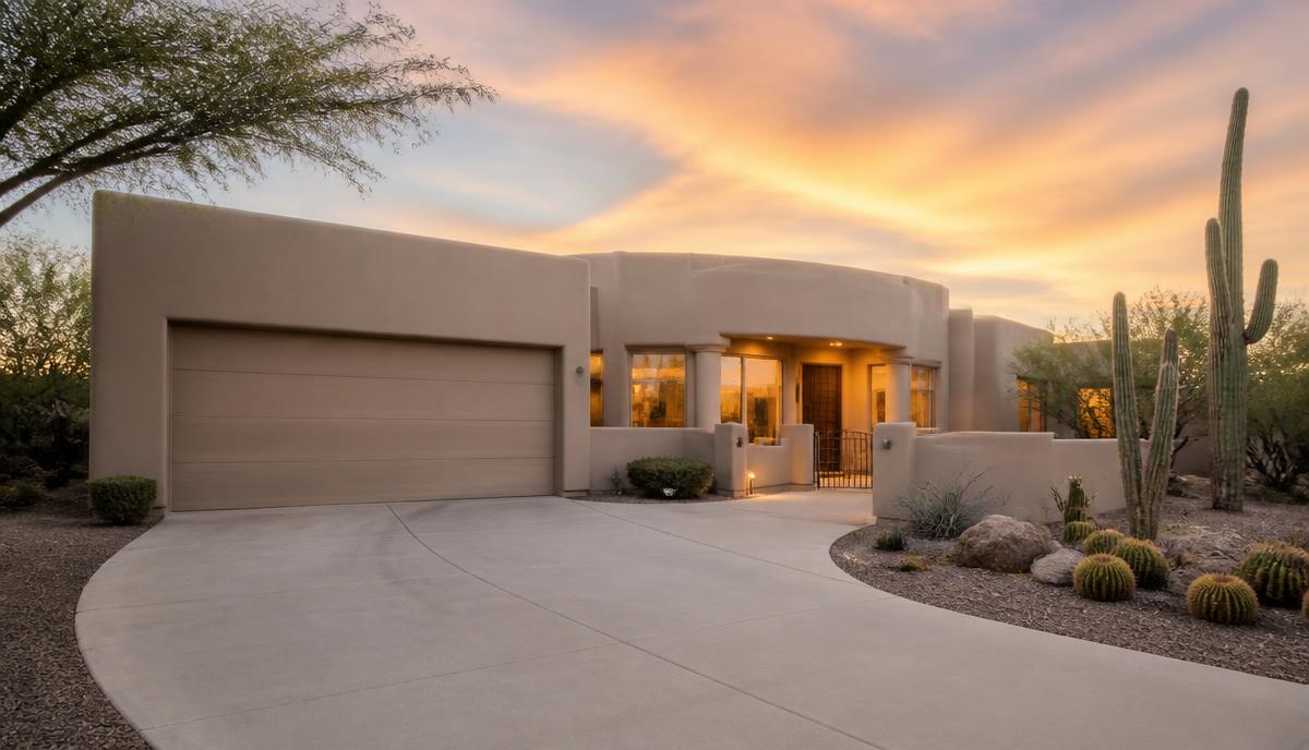 A Scottsdale desert-contemporary home at golden hour with saguaro cacti and gravel xeriscape landscaping