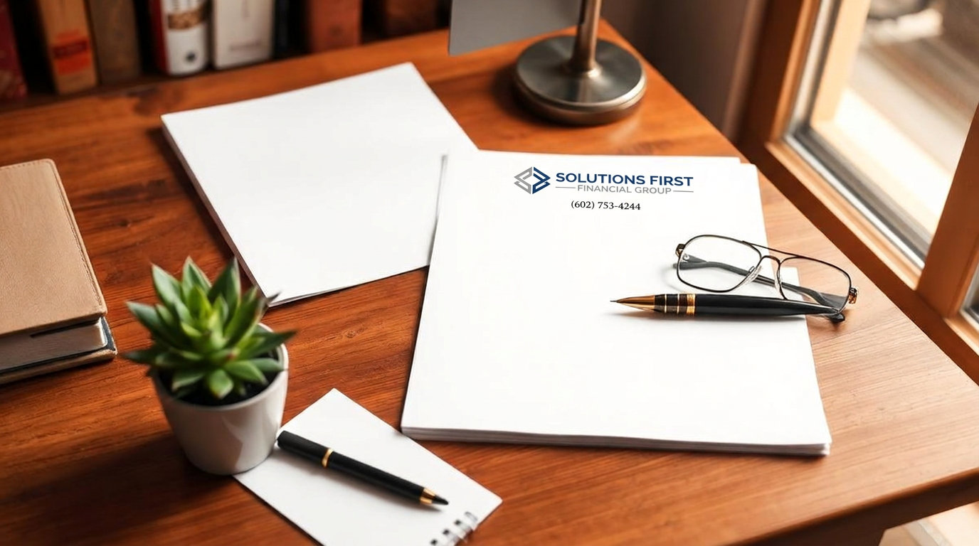 Solutions First Financial Group letterhead, a pen, reading glasses, and a small succulent on a walnut desk in warm natural light