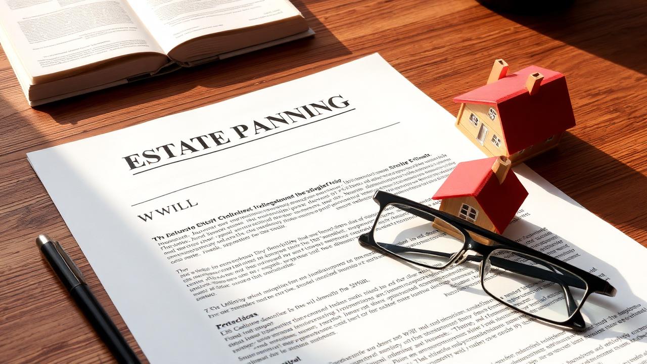 Estate planning documents, a will, and a small model house on a wooden desk in warm natural light