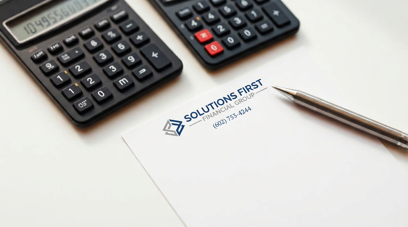 Two calculators and a sheet of Solutions First Financial Group letterhead with a pen on a clean white desk