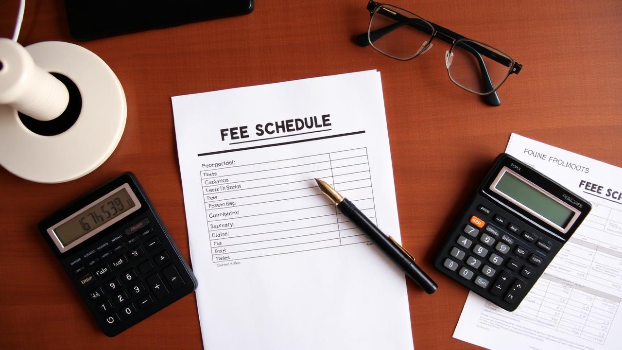 Fee schedule document with calculator, fountain pen, and reading glasses on a wooden desk