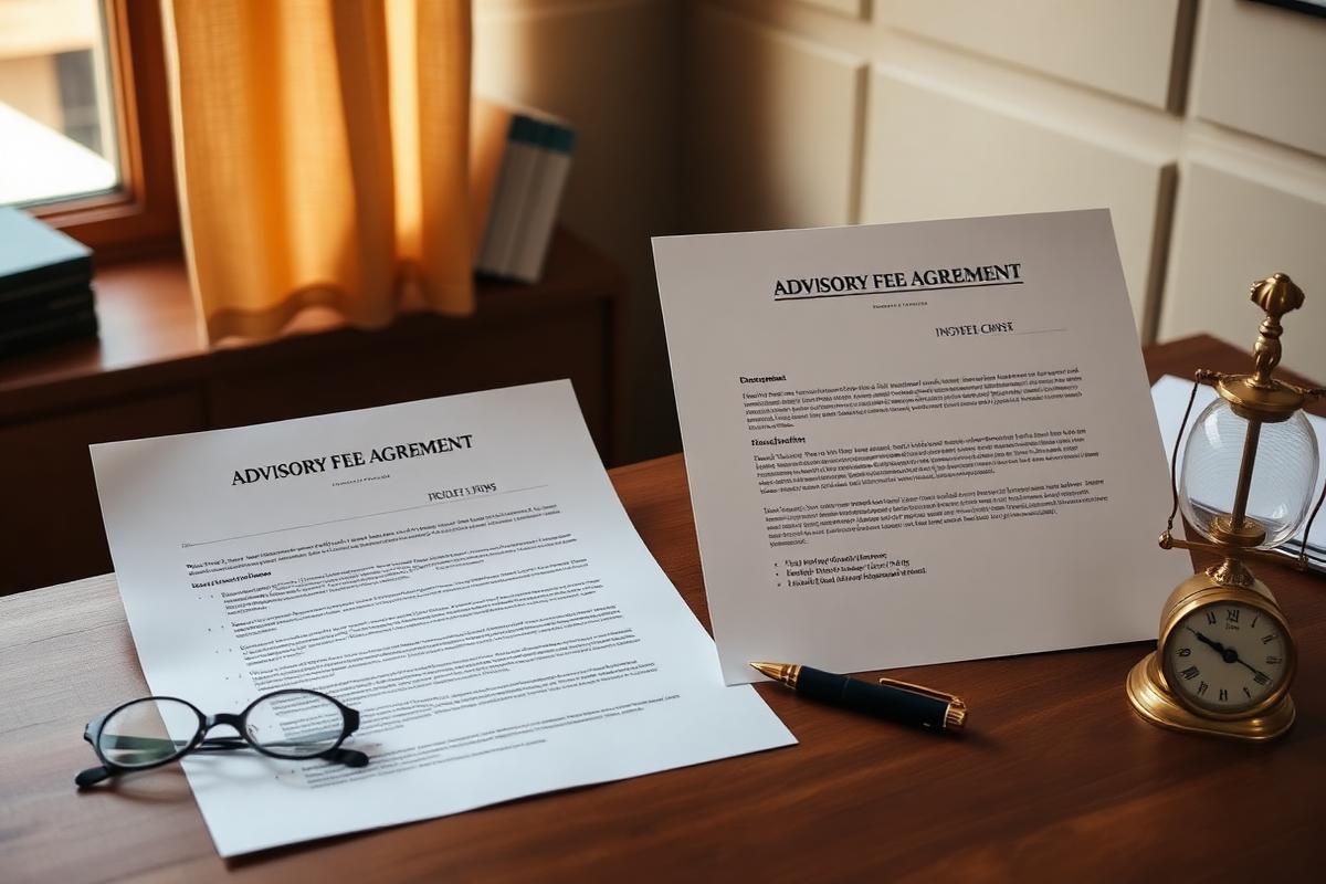 Two advisory fee agreements side by side on a wooden desk with reading glasses and a fountain pen
