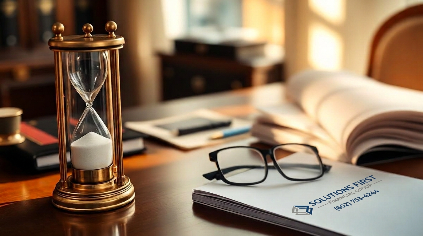 A brass hourglass, reading glasses, and Solutions First Financial Group letterhead on an elegant wooden desk in warm afternoon light