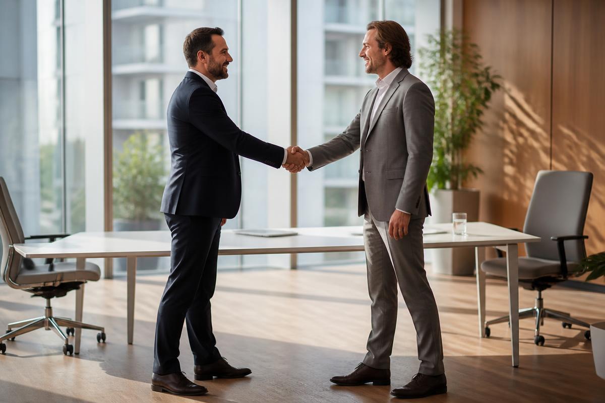 Handshake across a desk with a fiduciary agreement in the foreground and Phoenix skyline through a window