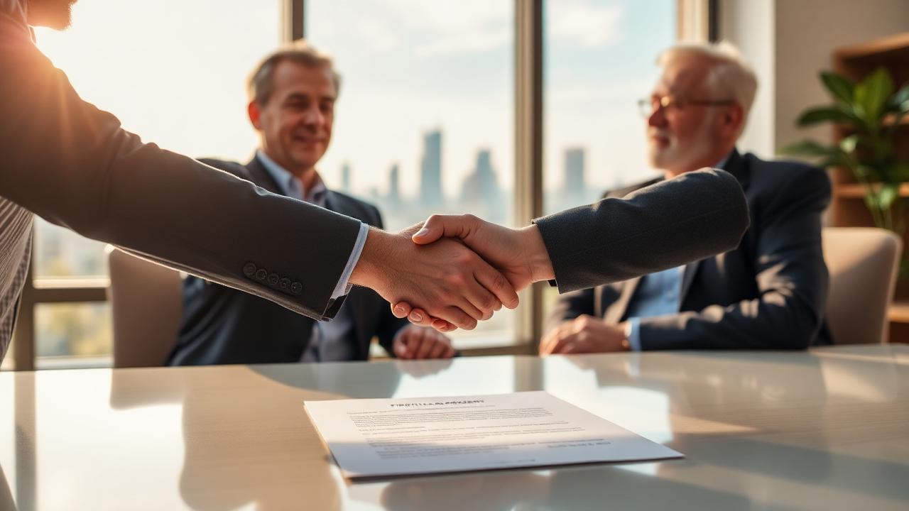 Handshake across a desk with a fiduciary agreement in the foreground and Phoenix skyline through a window
