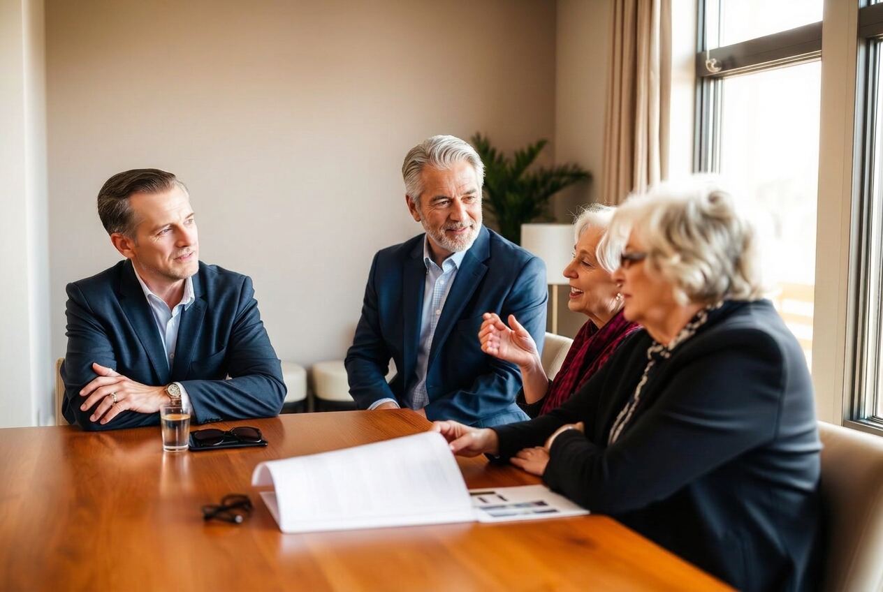 A Solutions First advisor listening as a Scottsdale couple describes their retirement goals across a warm wood conference table