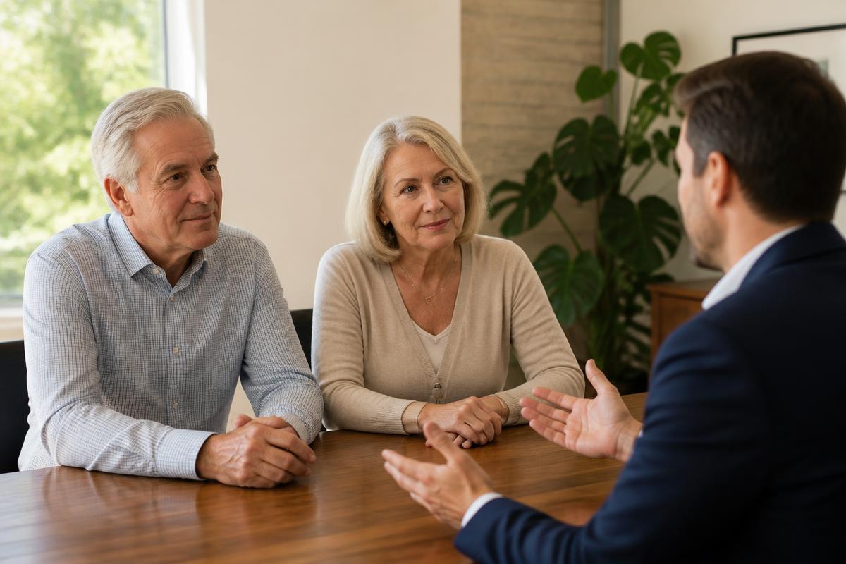 A Solutions First advisor listening as a Scottsdale couple describes their retirement goals across a warm wood conference table