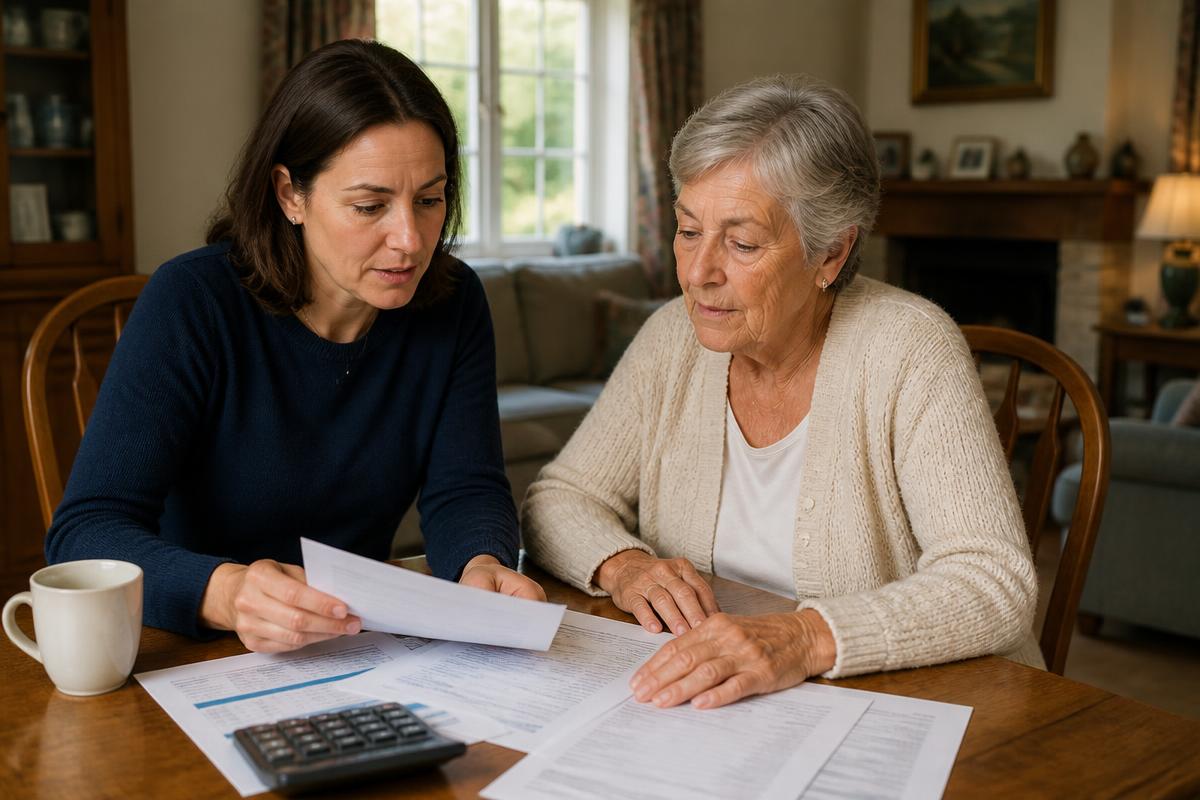 Family reviewing inherited IRA paperwork and a calendar at a wooden dining table