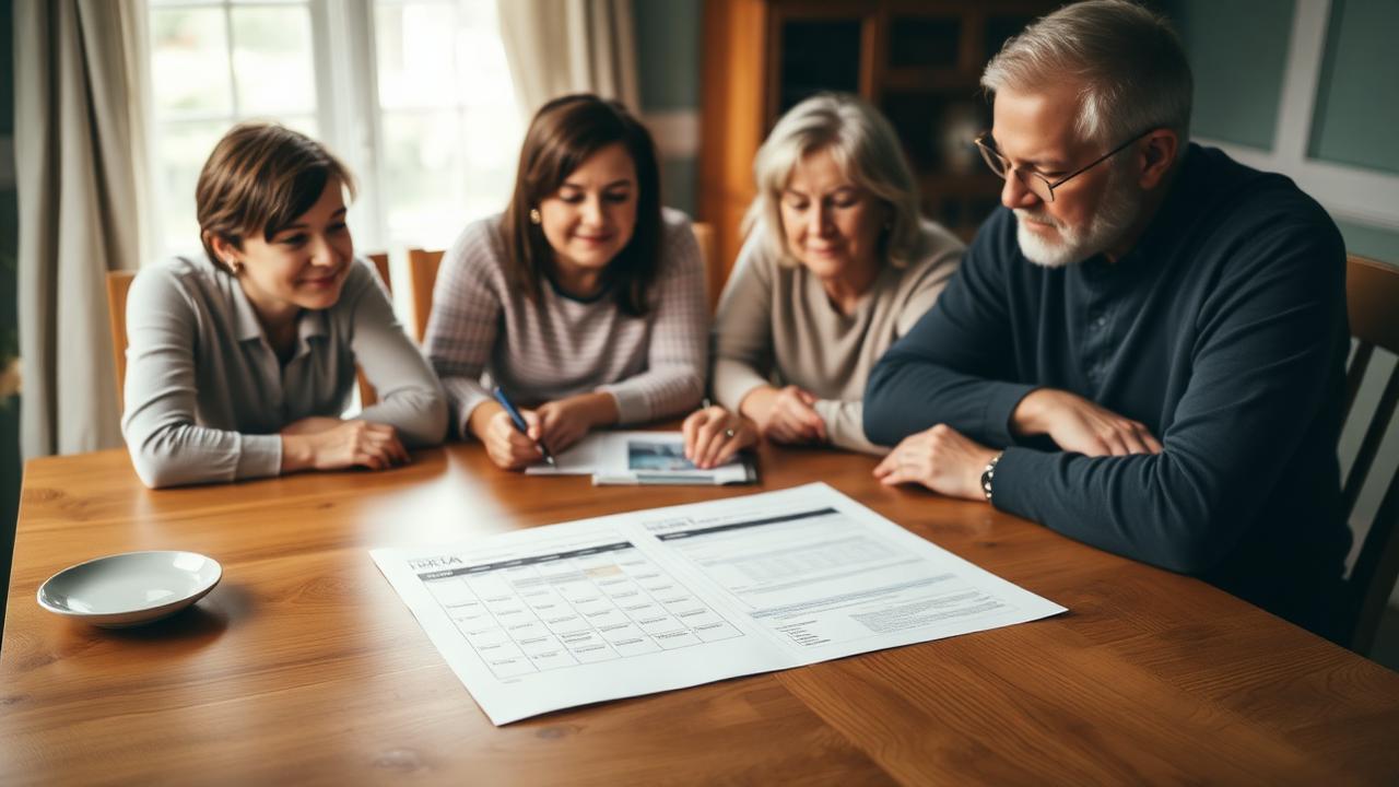 Family reviewing inherited IRA paperwork and a calendar at a wooden dining table