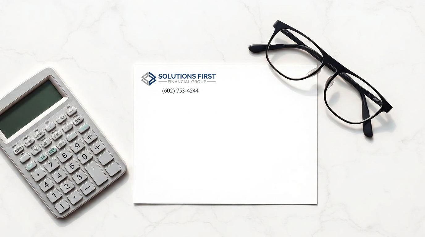 A calculator, reading glasses, and Solutions First Financial Group letterhead on a bright marble desktop