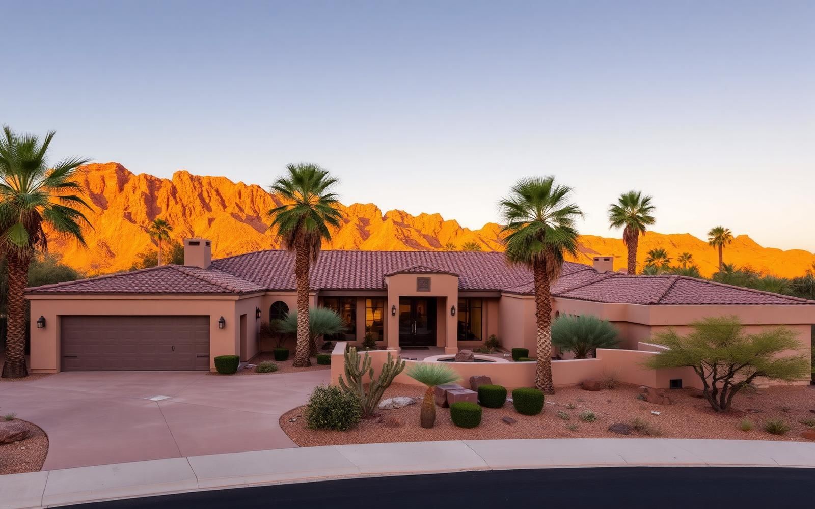 A discreet luxury Paradise Valley estate at golden hour with Camelback Mountain in the background