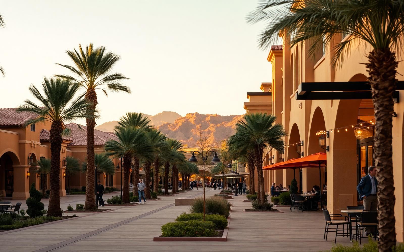 Kierland Commons in North Scottsdale, Arizona at golden hour — palm-lined walkways with mountains in the distance