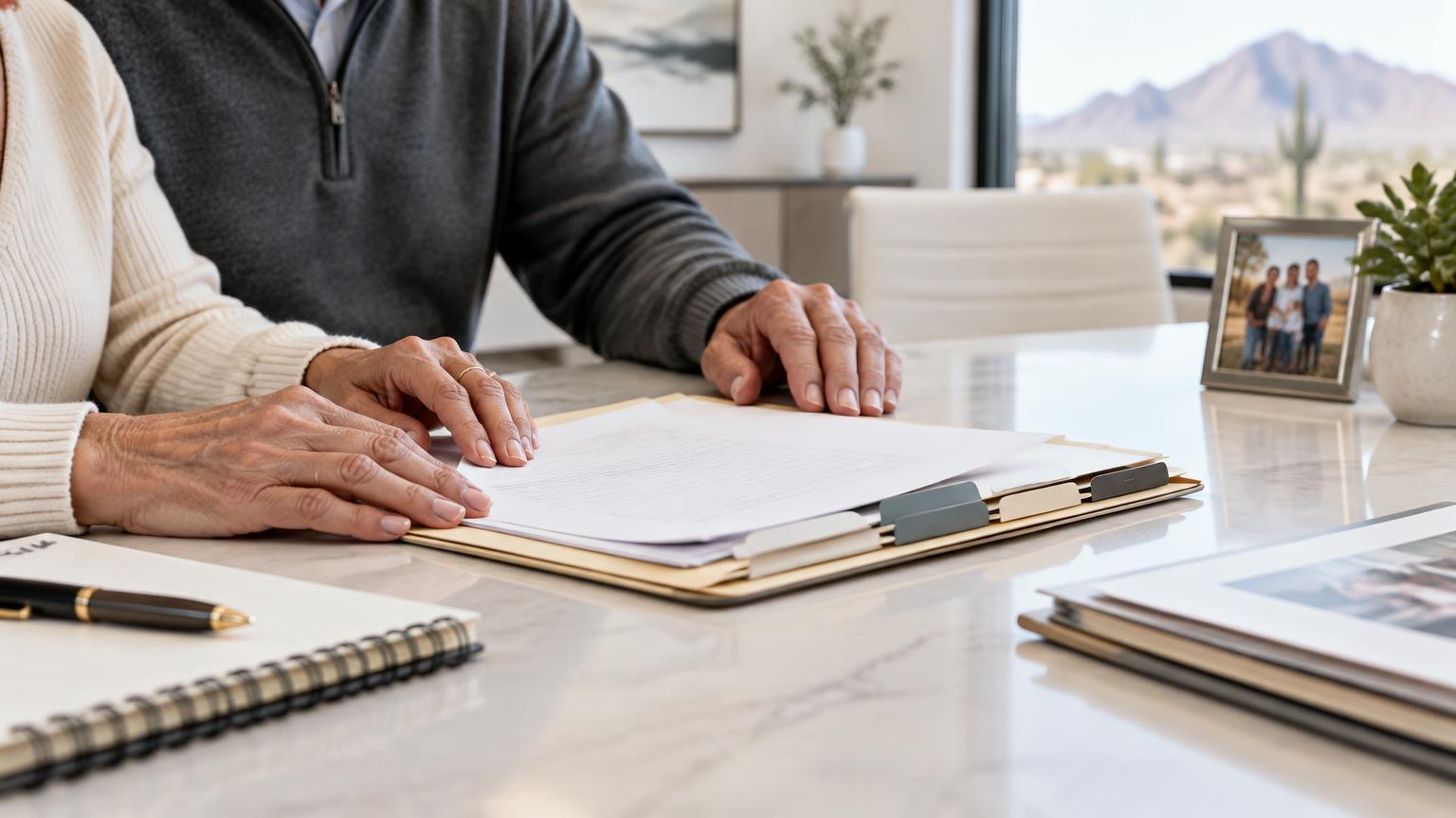 Illustrative couple reviewing family and beneficiary paperwork at a consultation table