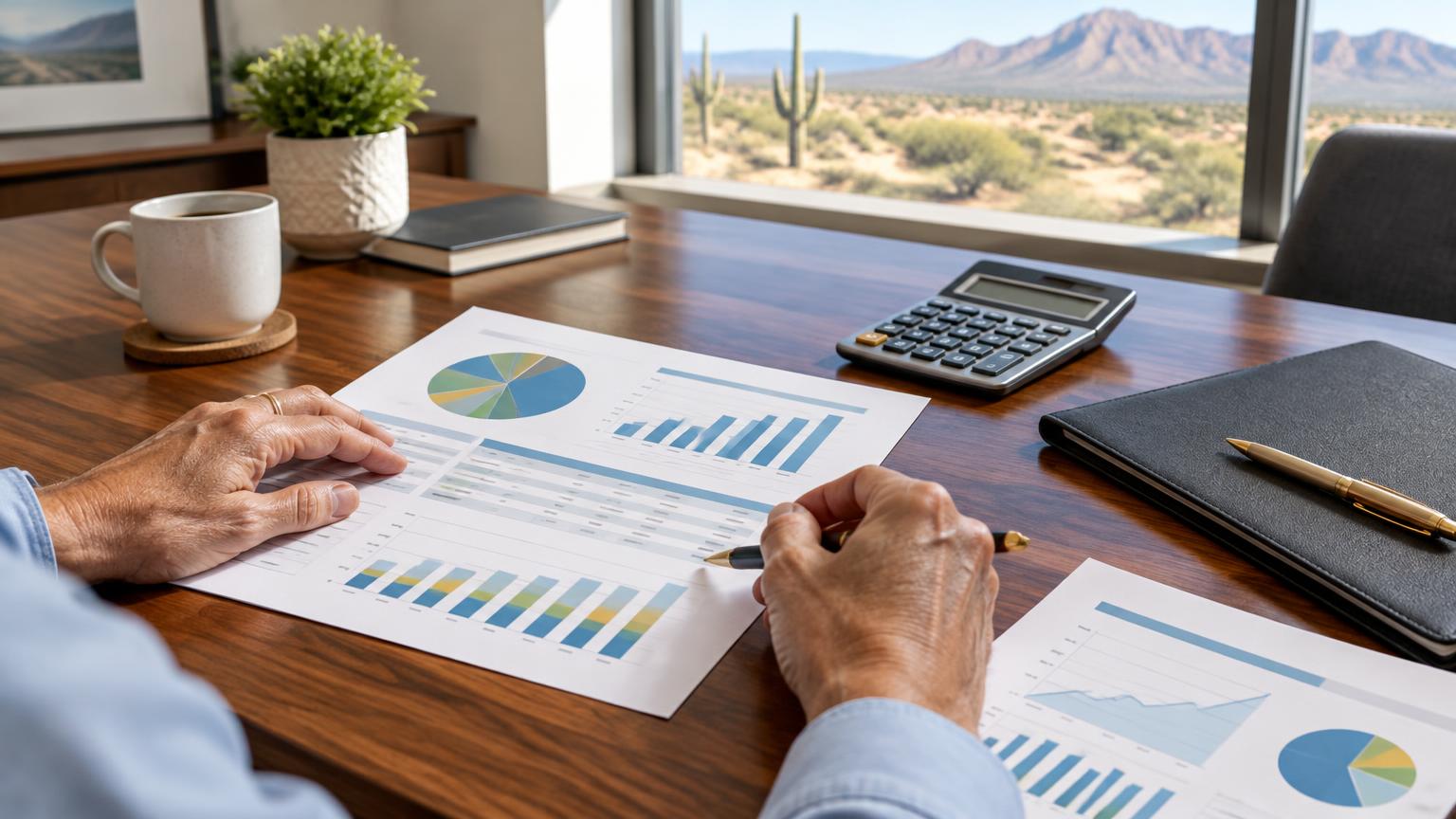 Illustrative retirement planning review with household worksheets and a calculator in an Arizona office