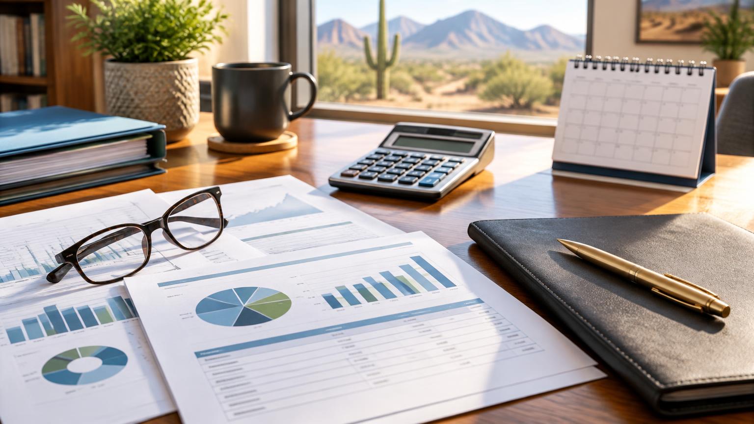 Illustrative year-end planning desk with account worksheets, calculator, calendar, and reading glasses