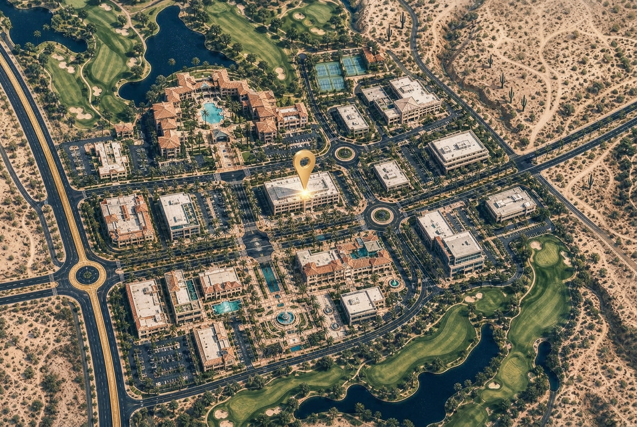 Aerial map of the Kierland district in Scottsdale, Arizona showing the Solutions First Financial Group office at 14614 N Kierland Blvd