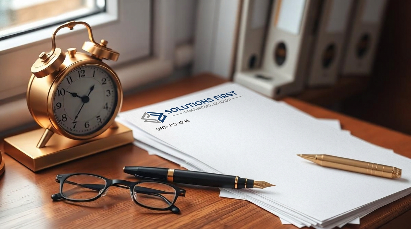 A brass desk clock beside Solutions First Financial Group letterhead, a fountain pen, and reading glasses in warm window light