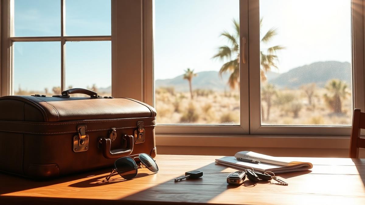 A vintage leather suitcase, sunglasses, and car keys on a sunlit table with an Arizona desert view