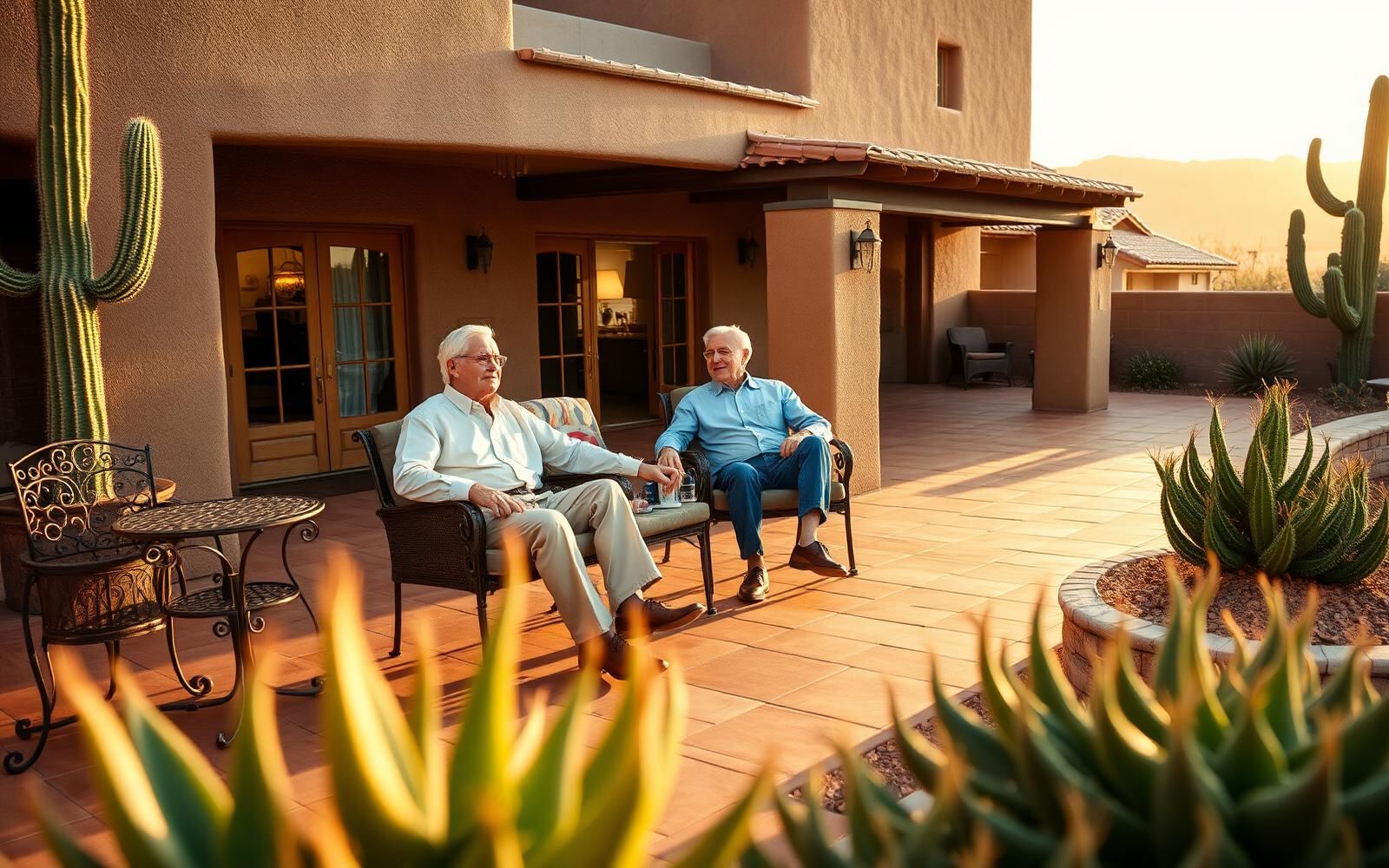 A retired Arizona couple on a Scottsdale desert patio at golden hour, symbolizing dependable retirement income