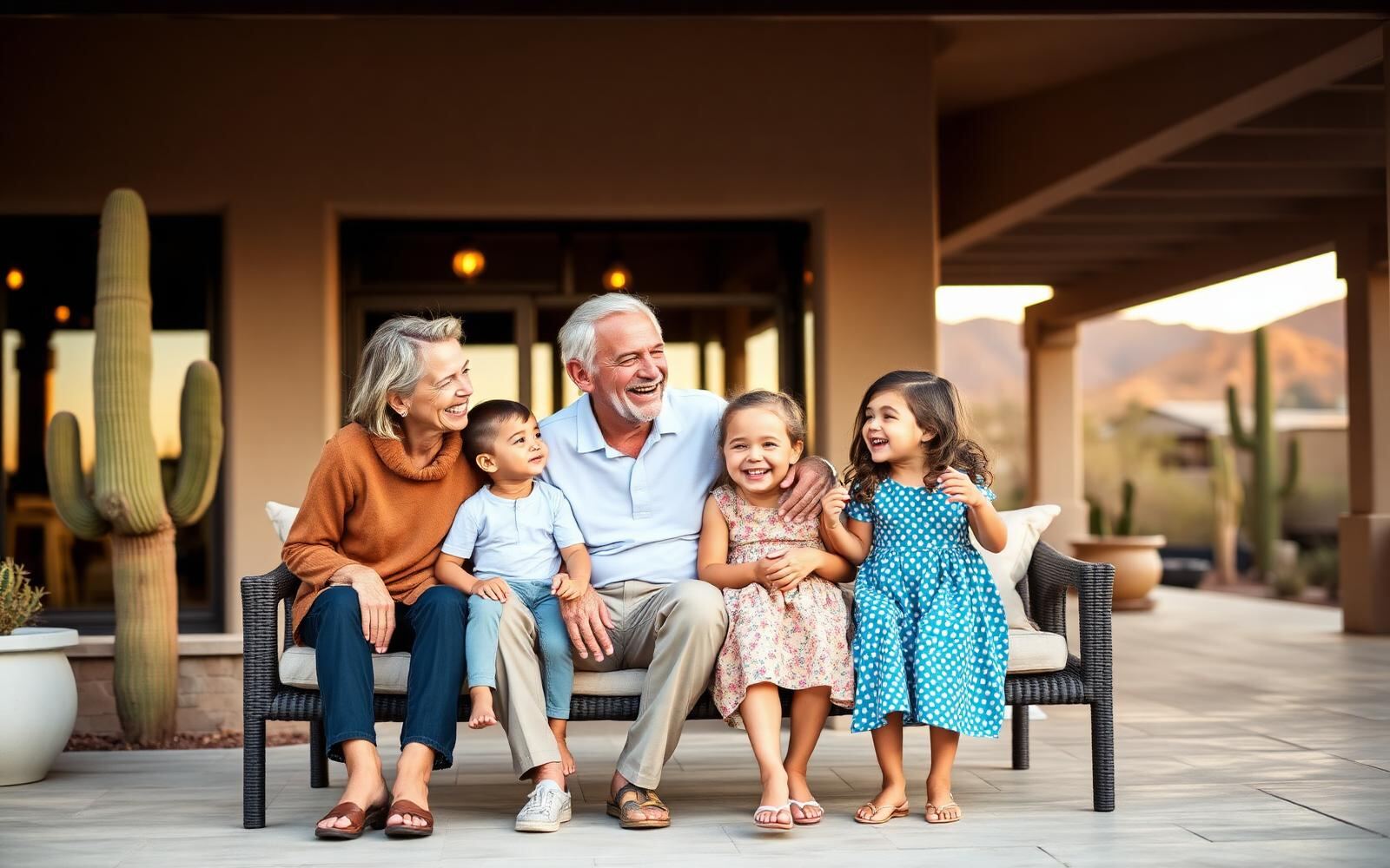 A multigenerational Arizona family together on a Scottsdale desert patio at golden hour