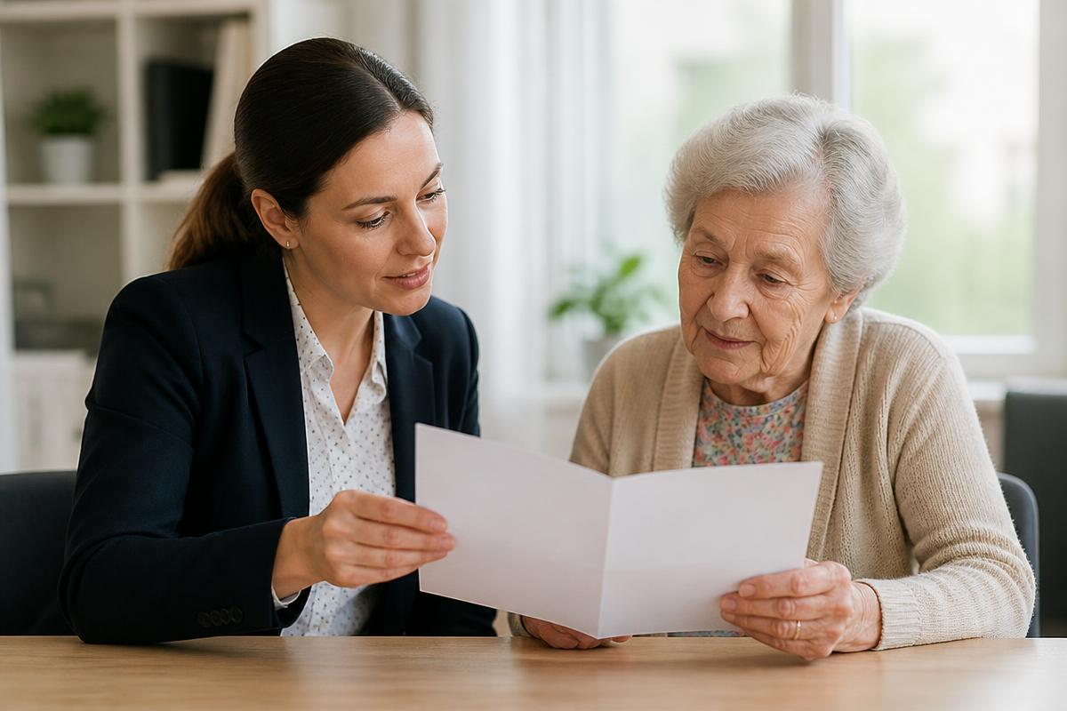 A financial advisor helping an older client review Medicare enrollment paperwork