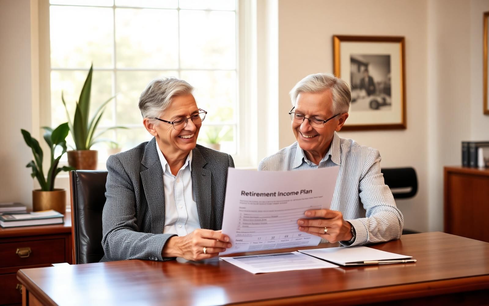 A Scottsdale couple reviewing their written retirement income plan at a warm wood desk in a sunlit office