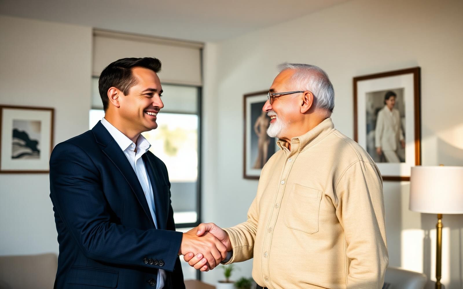 A Scottsdale financial advisor and retiree client shaking hands in a bright modern office