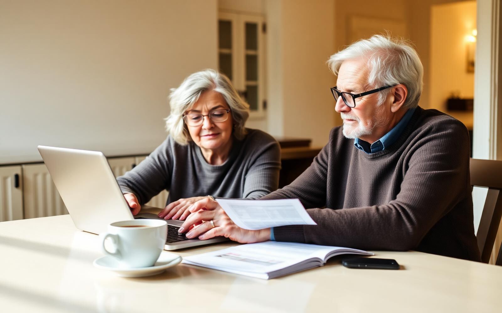 A couple reviewing a Social Security benefit statement together at their kitchen table